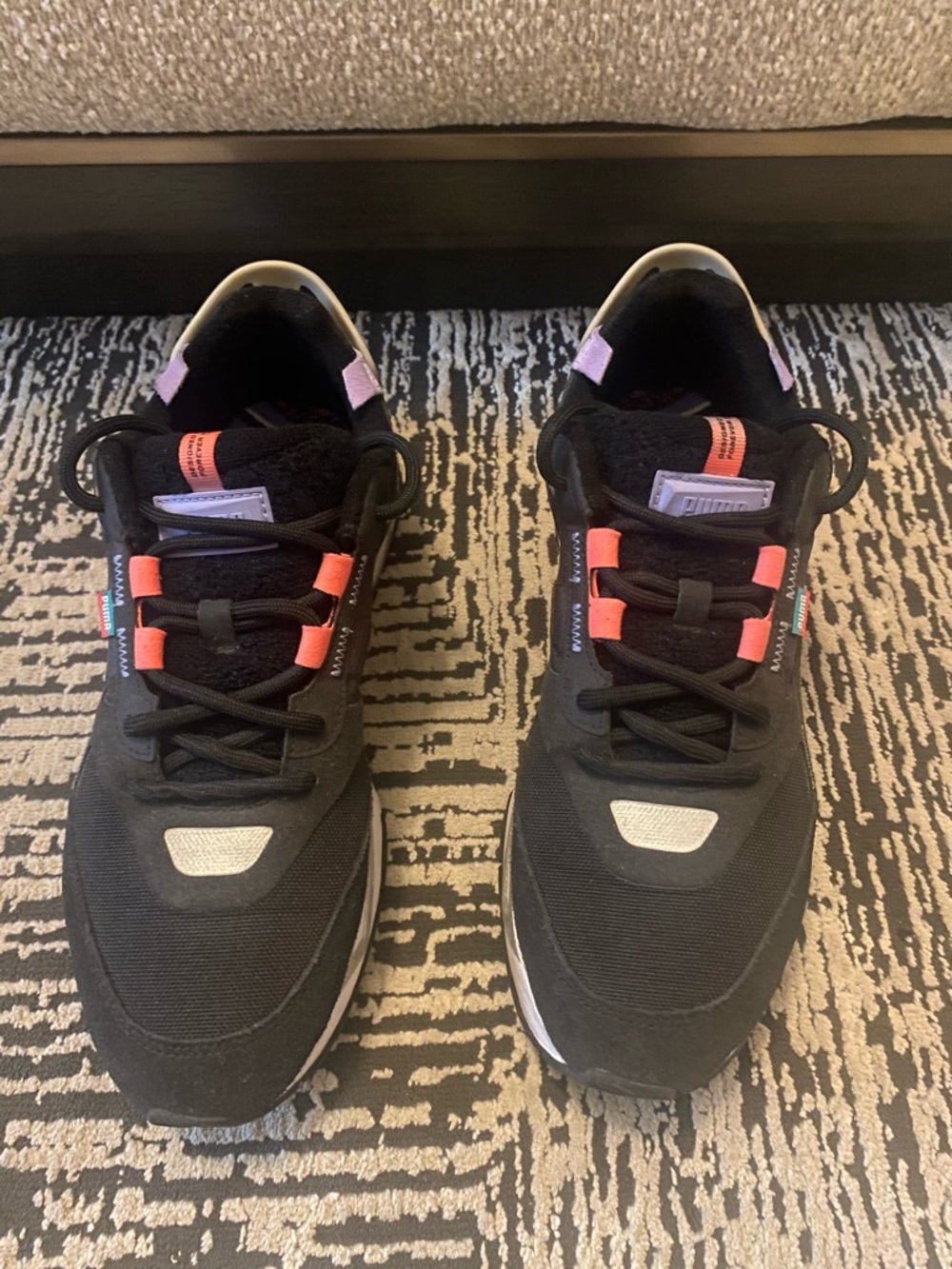 Puma Black Sneakers with Coral Pull Tab and Lavender Insole Accent